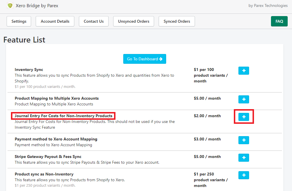 Feature to sync journal entry for costs for non inventory products by Xero bridge app.